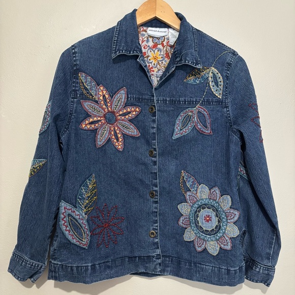 Floral Embroidered Button Denim Jean Jacket Size 8 Petite Cottage Vtg Y2K - Picture 9 of 13